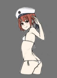 Rule 34 | 10s, 1girl, ass, bad id, bad pixiv id, bikini, breasts, butt crack, hat, kantai collection, looking at viewer, red hair, side-tie bikini bottom, small breasts, smile, solo, swimsuit, wabaki, white hat, z3 max schultz (kancolle)