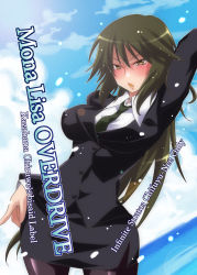Rule 34 | 10s, 1girl, :o, arm up, black skirt, blush, cloud, cowboy shot, day, english text, formal, full-face blush, green hair, infinite stratos, jacket, kazahana chiruwo, long hair, long sleeves, looking at viewer, necktie, ocean, open mouth, orimura chifuyu, pantyhose, parted lips, pencil skirt, skirt, skirt suit, sky, solo, standing, suit, yellow eyes