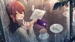 Rule 34 | 1girl, absurdres, blush, brown hair, cafe, cellphone, coffee mug, cup, earphones, from outside, highres, holding, holding earphones, idolmaster, idolmaster shiny colors, looking at viewer, looking back, mug, odecono3, osaki tenka, phone, sitting, solo, straight hair, yellow eyes