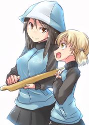 Rule 34 | 10s, :d, aki (girls und panzer), alternate eye color, blue hat, blue jacket, blue skirt, brown eyes, brown hair, closed mouth, commentary request, emblem, girls und panzer, hair tie, hat, holding, holding instrument, instrument, jacket, kantele, keizoku military uniform, kitayama miuki, light brown hair, long hair, long sleeves, looking at another, mika (girls und panzer), military, military uniform, miniskirt, open mouth, pleated skirt, raglan sleeves, short hair, short twintails, simple background, skirt, smile, standing, track jacket, twintails, uniform, upper body, white background, yellow eyes