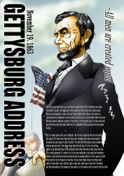 Rule 34 | 1boy, abraham lincoln, absurdres, american flag, beard, bow, bowtie, dated, english text, facial hair, formal, highres, hillary clinton (seward), historical event, holding, holding paper, paper, real life, solo focus, standing, suit