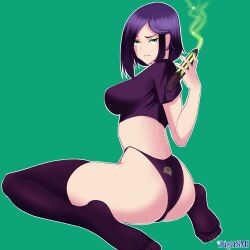 Rule 34 | 1girl, absurdres, breasts, cropped shirt, green eyes, highres, large breasts, md5 mismatch, purple hair, short hair, sitting, solo, thighhighs, underwear, viper (valorant)