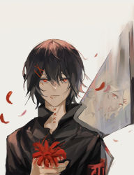 Rule 34 | 1boy, absurdres, androgynous, armband, black hair, commentary request, flower, hair ornament, hairclip, highres, light smile, looking at viewer, male focus, null (skev7724), official alternate costume, petals, red eyes, red flower, reflection, short hair, solo, spider lily, stitched face, stitches, suzuya juuzou, tokyo ghoul, tokyo ghoul:re, white hair, x hair ornament