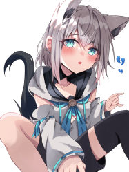 Rule 34 | 1girl, absurdres, animal ears, bad id, bad pixiv id, black shorts, blue neckerchief, blush, commentary request, detached sleeves, earrings, extra ears, fox ears, fox girl, fox tail, green eyes, hair between eyes, highres, hololive, hood, hoodie, jewelry, long hair, looking at viewer, neckerchief, open mouth, shirakami fubuki, shirakami fubuki (1st costume), short shorts, shorts, sidelocks, simple background, single thighhigh, solo, tail, tenpura noraneko, thighhighs, virtual youtuber, white background, white hair, white hoodie