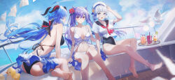 Rule 34 | 3girls, absurdres, ahoge, alternate costume, alternate hairstyle, ass, ayaka (genshin impact), bare shoulders, bikini, black bikini, black sailor collar, blue eyes, blue hair, blunt tresses, breasts, cleavage, closed mouth, collared shirt, cone hair bun, covered navel, double bun, floating hair, from behind, ganyu (genshin impact), genshin impact, goat horns, hair bun, highres, horns, keqing (genshin impact), long hair, looking at viewer, low ponytail, mole, mole under eye, multiple girls, navel, neckerchief, open mouth, outdoors, pink eyes, purple hair, red neckerchief, sailor collar, shirt, short sleeves, sitting, smile, swimsuit, swkl:d, twintails, white bikini, white shirt