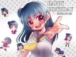 Rule 34 | 1girl, alternate hairstyle, artist name, artist request, bare legs, black bow, black footwear, black legwear, blue hair, blue shirt, blush, bow, breasts, chibi, collarbone, dual persona, female focus, floating hair, food, full body, grey sailor collar, grey skirt, hair bun, highres, holding, holding food, long hair, looking at viewer, love live!, love live! school idol festival, love live! sunshine!!, low ponytail, medium breasts, miniskirt, necktie, parted lips, pink eyes, plaid, plaid skirt, pleated, pleated skirt, polka dot, polka dot background, ponytail, popsicle, purple eyes, purple footwear, purple shirt, reaching, reaching towards viewer, red wristband, sailor collar, school uniform, shirt, shoes, short sleeves, side bun, single hair bun, sitting, skirt, smile, solo, standing, standing on one leg, teeth, tsushima yoshiko, uranohoshi school uniform, v-shaped eyebrows, white background, white shirt, white skirt, wristband, yellow necktie