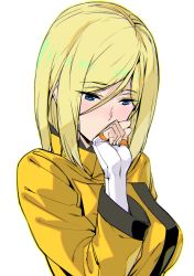 Rule 34 | 1girl, ashiomi masato, blonde hair, blue eyes, blush, breasts, fingerless gloves, gloves, guilty gear, guilty gear strive, hair between eyes, long hair, millia rage, simple background, solo, white background
