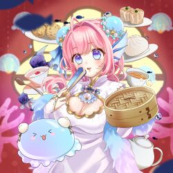 Rule 34 | 1girl, absurdres, ahoge, blue eyes, blush, bun cover, cleavage cutout, clothing cutout, dress, fish, food, food request, hand fan, highres, holding, holding fan, indie virtual youtuber, kumura5225, long hair, low ponytail, open mouth, pink hair, solo, swept bangs, umitsuki shell, virtual youtuber, white dress