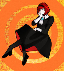 Rule 34 | 1girl, absurdres, apologinebreeckerstreet, ascot, black dress, black footwear, brown hair, colored skin, commentary, dress, english commentary, frown, full body, hand up, highres, invisible chair, orange background, r dorothy wayneright, redrawn, short hair, sitting, solo, the big o, white ascot, white skin, yellow background