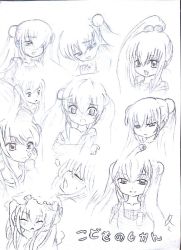 Rule 34 | 1girl, :o, alternate hairstyle, blush, copyright name, closed eyes, furrowed brow, hair bobbles, hair ornament, hand on own cheek, hand on own face, high ponytail, kodomo no jikan, kokonoe rin, monochrome, name tag, off shoulder, sketch, smile, ^^^, tears, traditional media, tung tung, twintails