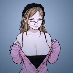Rule 34 | 1girl, blue background, breasts, brown hair, camisole, cardigan, cleavage, glasses, green eyes, hair ornament, hairclip, highres, large breasts, long hair, looking at viewer, mouth hold, off shoulder, original, rustle, solo, upper body