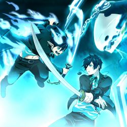 Rule 34 | 2boys, ao no exorcist, atlus, bad id, bad pixiv id, battle, blouse, blue background, blue eyes, blue hair, blue theme, cable, collared shirt, crossover, digital media player, flame-tipped tail, flaming sword, flaming weapon, hair between eyes, hair over one eye, headphones, hgk, holding, holding sword, holding weapon, katana, male focus, midriff peek, multiple boys, okumura rin, persona, persona 3, pointy ears, scabbard, sheath, shirt, short hair, swept bangs, sword, tail, thanatos (persona), weapon, white shirt, yuuki makoto (persona 3)