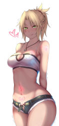 Rule 34 | 1girl, :q, arms behind back, bandeau, bare shoulders, blonde hair, blush, braid, breast tattoo, breasts, cleavage, closed mouth, cowboy shot, denim, denim shorts, fate/apocrypha, fate (series), french braid, green eyes, half-closed eyes, heart, heart-shaped pupils, heart tattoo, highres, jewelry, long hair, looking at viewer, medium breasts, mordred (fate), mordred (fate/apocrypha), mordred (memories at trifas) (fate), navel, navel piercing, necklace, nikuku (kazedesune), nipple piercing, no panties, open fly, parted bangs, piercing, ponytail, pubic tattoo, short shorts, shorts, shoulder tattoo, simple background, smile, solo, spaghetti strap, standing, stomach tattoo, symbol-shaped pupils, tattoo, thighs, tongue, tongue out, trembling, white background, wide hips