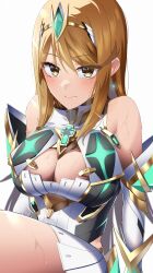 Rule 34 | 1girl, absurdres, bare legs, bare shoulders, blonde hair, blush, breasts, chest jewel, cleavage, cleavage cutout, clothing cutout, core crystal (xenoblade), dress, drop earrings, earrings, elbow gloves, glasses, gloves, highres, jewelry, large breasts, long hair, mythra (xenoblade), short dress, simple background, skirt, slope (check238), solo, swept bangs, tiara, very long hair, white background, white dress, white gloves, white skirt, xenoblade chronicles (series), xenoblade chronicles 2, yellow eyes