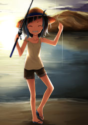 Rule 34 | 1girl, nanashi inc., alternate costume, black hair, black shorts, blue footwear, blue hair, blunt bangs, breasts, closed eyes, commentary request, demon horns, fishing line, fishing rod, full body, grin, hat, highres, holding, holding fishing rod, horns, kurona, multicolored hair, no tail, red eyes, sandals, shishio chris, short hair, short shorts, shorts, small breasts, smile, solo, standing, strap slip, sugar lyric, sun hat, tank top, two-tone hair, virtual youtuber, white tank top