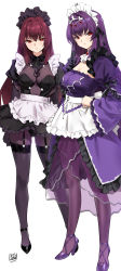 Rule 34 | 2girls, absurdres, alternate costume, ankle strap, apron, blush, bodysuit, breasts, brooch, cleavage, closed mouth, covered navel, dress, dual persona, enmaided, fate/grand order, fate (series), frills, garter straps, hair between eyes, high heels, highres, jewelry, juliet sleeves, large breasts, legs, long hair, long sleeves, looking at viewer, maid, maid headdress, multiple girls, pantyhose, puffy sleeves, purple bodysuit, purple hair, red eyes, scathach (fate), scathach skadi (fate), simple background, smile, strappy heels, thighhighs, thighs, tiara, waist apron, white background, wide sleeves, yd (orange maru)
