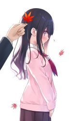 Rule 34 | 1girl, 1other, ?, black hair, blush, breasts, cardigan, cowboy shot, falling leaves, from side, highres, holding, holding leaf, leaf, long hair, looking at viewer, looking to the side, na-ga, neckerchief, original, out of frame, pink cardigan, pleated skirt, profile, purple eyes, red neckerchief, sailor collar, skirt, small breasts, solo focus, standing, white background, white sailor collar