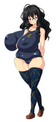 Rule 34 | 1girl, between breasts, black hair, breasts, character request, female focus, full body, gigantic breasts, groin, highres, impossible clothes, loafers, long hair, long image, looking at viewer, muchigaku, nekomamire, one-piece swimsuit, original, pink eyes, plump, puffy nipples, school swimsuit, shoes, simple background, solo, standing, swimsuit, tall image, thick thighs, thighhighs, thighs, walking, wavy hair, white background