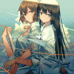 Rule 34 | 10s, 2girls, album cover, bird, black eyes, black hair, bracelet, brown eyes, brown hair, closed mouth, cloud, cover, from side, happy valentine, hibike! euphonium, hug, hug from behind, jewelry, kousaka reina, looking at viewer, looking to the side, md5 mismatch, multiple girls, neck ribbon, norizc, oumae kumiko, pen, resolution mismatch, ribbon, shirt, sleeves rolled up, source larger, upper body, valentine, white shirt