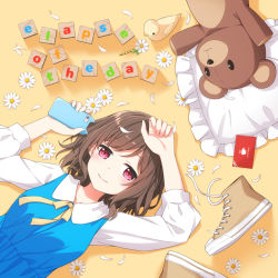 Rule 34 | album cover, aoi thomas, arm up, blue dress, brown footwear, brown hair, cellphone, closed mouth, collared dress, commentary request, cover, dress, english text, flower, frilled pillow, frills, hand up, holding, holding phone, long sleeves, looking at viewer, lying, on back, original, petals, phone, phone with ears, pillow, shirt, shoes, unworn shoes, sleeveless, sleeveless dress, smile, stuffed animal, stuffed toy, teddy bear, white flower, white shirt