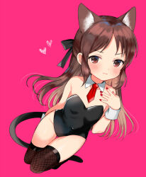 Rule 34 | 1girl, animal ears, bare shoulders, black leotard, black ribbon, blush, bow, breasts, brown eyes, brown hair, cat ears, cat tail, closed mouth, covered navel, detached collar, dot nose, fake animal ears, fake tail, female focus, fishnet thighhighs, fishnets, hair bow, hair ribbon, half updo, hand on own chest, hand up, heart, idolmaster, idolmaster cinderella girls, idolmaster cinderella girls starlight stage, idolmaster cinderella girls u149, kittysuit, kneeling, leotard, long hair, looking at viewer, necktie, nontraditional playboy bunny, pink background, red nails, red necktie, ribbon, shima(kanidess), simple background, small breasts, solo, tachibana arisu, tail, thighhighs, white wrist cuffs, wrist cuffs