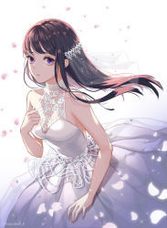 1girl bad_id bad_pixiv_id blue_eyes breasts brown_hair cleavage collarbone dress floating_hair highres long_dress long_hair looking_at_viewer medium_breasts original parted_lips petals sleeveless sleeveless_dress solo soyubee wedding_dress white_background white_dress