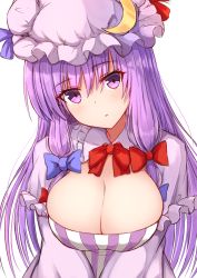 Rule 34 | 1girl, absurdres, bad id, bad pixiv id, blue ribbon, blush, bow, bowtie, breasts, cleavage, commentary request, dress, hair between eyes, hair bow, hat, hat ribbon, head tilt, highres, large breasts, long hair, looking at viewer, mob cap, patchouli knowledge, purple dress, purple eyes, purple hair, purple hat, red bow, red bowtie, red ribbon, ribbon, simple background, solo, tksand, touhou, upper body, white background