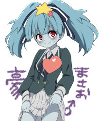 Rule 34 | 10s, 1boy, blue hair, blue skin, blunt bangs, blush, character name, clothes lift, colored skin, cowboy shot, hair ornament, heart, hoshikawa lily, lifting own clothes, looking at viewer, male focus, marimo danshaku, mars symbol, red eyes, school uniform, skirt, skirt lift, solo, spoilers, star (symbol), star hair ornament, sweatdrop, twintails, zombie, zombie land saga