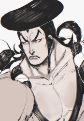 Rule 34 | 1boy, black hair, eyeliner, facial hair, food, highres, japanese clothes, kimono, kouzuki oden, long hair, looking to the side, makeup, male focus, manly, mature male, oden, omochijiro, one piece, pirate, red eyeliner, samurai, serious, sideburns