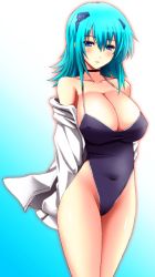 Rule 34 | 1girl, alternate hair color, aqua hair, blue eyes, breasts, choker, cleavage, cryska barchenowa, huge breasts, long hair, muv-luv, muv-luv alternative, muv-luv total eclipse, one-piece swimsuit, solo, swimsuit, wakame