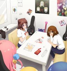Rule 34 | 5girls, :d, bang dream!, blonde hair, blue hair, bocchi the rock!, brown hair, card, chips (food), crossover, cube hair ornament, cyan (show by rock!!), detroit metal city, food, gotoh hitori, guitar case, hair ornament, highres, hirasawa yui, holding, holding card, ijichi nijika, instrument case, k-on!, medium hair, mirror, multiple crossover, multiple girls, open mouth, pink hair, playing card, poa mellhen, pocky, poster (object), potato chips, purple hair, show by rock!!, sitting, smile, toyama kasumi, trait connection, yamada ryo