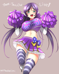Rule 34 | 10s, 1girl, :d, aqua eyes, blush, bouncing breasts, breasts, cheerleader, dated, frilled skirt, frills, headset, highres, large breasts, leg up, long hair, love live!, love live! school idol project, midriff, navel, open mouth, pantyhose, pom pom (cheerleading), purple hair, simple background, skirt, smile, solo, song name, striped clothes, striped pantyhose, striped thighhighs, takaramonozu, thighhighs, tojo nozomi, twintails, very long hair, yu-ta