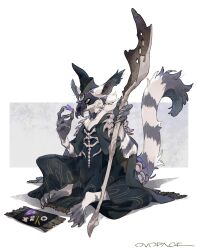 Rule 34 | 1other, androgynous, artist name, barefoot, black capelet, black hat, black robe, body fur, bone, bone necklace, bone weapon, capelet, claws, commentary, fewer digits, fringe trim, from side, full body, furry, gem, green eyes, grey nails, hands up, hat, highres, holding, holding gem, holding staff, mask, murayama ryota, original, pelvic curtain, purple gemstone, robe, rug, signature, simple background, sitting, skull, skull mask, solo, staff, tail, tail ornament, tail raised, white background, white fur