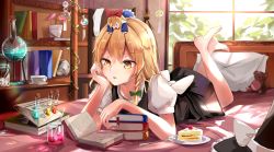 Rule 34 | 1girl, absurdres, barefoot, bed sheet, black hat, black skirt, blonde hair, book, book stack, bookmark, bookshelf, bow, braid, cake, commentary request, cup, day, dleung, flask, food, fork, green bow, hair bow, hat, hat bow, highres, huge filesize, indoors, kirisame marisa, long hair, looking down, lying, on bed, on stomach, pillow, plate, reading, round-bottom flask, shirt, side braid, skirt, solo, stuffed animal, stuffed toy, teacup, teddy bear, touhou, unworn hat, unworn headwear, vial, white bow, white shirt, wind chime, window, witch hat, yellow eyes