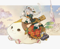Rule 34 | 1girl, animal, animal ears, arm support, warrior of light (ff14), bag, belt, belt pouch, boots, bow, braid, cat, cat ears, cat tail, closed eyes, commentary request, day, dress, ears through headwear, eyewear on headwear, fat cat (ff14), fictional persona, final fantasy, final fantasy xiv, floating hair, full body, glasses, gloves, grey hair, hand on headwear, happy, hat, long hair, miqo&#039;te, open mouth, outdoors, outstretched arm, plaid, pouch, ren-co, riding, short dress, short sleeves, smile, tail, thighhighs, tower, twin braids