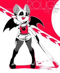 Rule 34 | 1girl, absurdres, alternate costume, animal ears, arm at side, baseball bat, bat ears, bat girl, bat wings, blood, blood on clothes, bloody weapon, bodysuit, bodysuit under clothes, boots, breasts, character name, choker, cleavage, crop top, ear piercing, english text, facial tattoo, fang, female focus, fingerless gloves, fishnet bodysuit, fishnets, furry, furry female, gloves, half-closed eyes, heart, highres, holding, holding baseball bat, knee boots, legs apart, looking at viewer, medium breasts, monochrome, nosebleed, open clothes, open mouth, open vest, outline, piercing, pigeon-toed, pocket, red background, red pupils, red shirt, rouge the bat, shirt, shnider, short hair, short shorts, shorts, shoulder pads, sideways mouth, sketch, solo, sonic (series), tattoo, teeth, tongue, tongue out, two-tone background, vest, weapon, white outline, wings