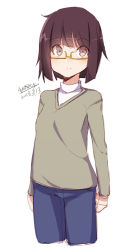 Rule 34 | 1girl, arms at sides, blue pants, blush, brown eyes, brown hair, brown sweater, closed mouth, dated, glasses, long sleeves, looking at viewer, maze (gochama ze gohan), original, pants, semi-rimless eyewear, shirt, short hair, signature, simple background, sketch, smile, solo, sweater, under-rim eyewear, white background, white shirt, yellow-framed eyewear