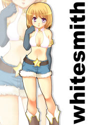 Rule 34 | 1girl, belt, belt buckle, bikini, bikini top only, black outline, blonde hair, blue shorts, blush, boots, breasts, brown belt, brown footwear, buckle, character name, cleavage, commentary request, drop shadow, elbow gloves, feet out of frame, fur-trimmed shorts, fur trim, gloves, grey gloves, masaya ichika, medium breasts, open mouth, outline, purple eyes, ragnarok online, short hair, short shorts, shorts, solo, star (symbol), swimsuit, white background, white bikini, whitesmith (ragnarok online), zoom layer