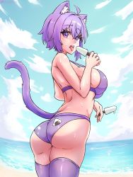 Rule 34 | 1girl, ahoge, animal ear fluff, animal ears, artist name, ass, bare back, bare shoulders, beach, bebatch, bikini, breasts, cat ears, cat girl, cat tail, cloud, female focus, food, highres, holding, holding food, hololive, large breasts, looking back, nekomata okayu, onigiri print, open mouth, popsicle, purple bikini, purple eyes, purple hair, purple thighhighs, sky, solo, sweat, swimsuit, tail, teeth, thighhighs, thighs, tongue, tongue out, upper teeth only, virtual youtuber, waves