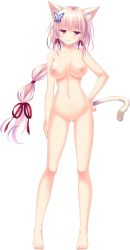 Rule 34 | 1girl, :o, absurdres, animal ears, barefoot, breasts, butterfly hair ornament, cat ears, cat tail, completely nude, copyright request, full body, gluteal fold, hair ornament, hair ribbon, hand on own hip, hand on own thigh, hand on thigh, highres, large breasts, long hair, low-tied long hair, nachi (neko-nin exheart), navel, neko-nin exheart, neko-nin exheart series, nipples, nude, official art, pink eyes, pink hair, ponytail, pussy, ribbon, solo, source request, tail, takano yuki (allegro mistic), transparent background