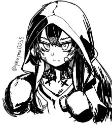 Rule 34 | 1girl, arknights, bandaid, bandaid on cheek, bandaid on face, boxing gloves, commentary, flint (arknights), greyscale, hair between eyes, hands up, hood, hood up, looking at viewer, monochrome, neck tattoo, portrait, short hair, simple background, sketch, solo, straight-on, tattoo, twintails, v-shaped eyebrows, white background, yom (ymayma00ss)