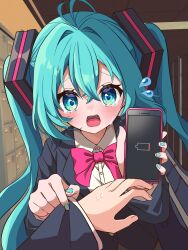 Rule 34 | 1girl, 1other, aqua eyes, aqua hair, aqua nails, battery indicator, blue jacket, cellphone, collared shirt, commentary request, crossed bangs, flying teardrops, hair between eyes, hair ornament, hatsune miku, highres, holding, holding phone, indoors, irasutogakari, jacket, light blush, long hair, long sleeves, looking at viewer, open mouth, phone, pov, school uniform, shirt, sweatdrop, tears, twintails, upper body, very long hair, vocaloid, white shirt