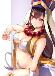 Rule 34 | 1girl, absurdres, bare shoulders, bead necklace, beads, bikini, breasts, bridal gauntlets, brown hair, cleavage, detached sleeves, fate/grand order, fate (series), hair between eyes, hane yuki, highres, jewelry, large breasts, long hair, looking at viewer, navel, necklace, prayer beads, purple eyes, solo, swimsuit, thighs, xuangzang sanzang (fate)