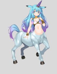 Rule 34 | 1girl, animal ears, blue hair, bracelet, breasts, centaur, character request, female focus, full body, gradient hair, grey background, horse ears, jewelry, long hair, monster girl, multicolored hair, onono imoko, purple hair, simple background, small breasts, smile, solo, taur