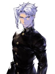 Rule 34 | 1boy, black jacket, closed mouth, earrings, highres, jacket, jewelry, jojo no kimyou na bouken, kakyoin noriaki, kotatsu (g-rough), long sleeves, looking at viewer, male focus, simple background, solo, stardust crusaders, upper body, white background, white hair