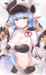 Rule 34 | 1girl, absurdres, animal ears, animal print, bare shoulders, bikini, blue hair, blush, breasts, catura (granblue fantasy), cleavage, cow ears, cow girl, cow hat, cow horns, cow print, detached collar, detached sleeves, draph, ear piercing, granblue fantasy, highres, horns, large breasts, long hair, looking at viewer, min1910, navel, open mouth, piercing, pointing, pointing at self, pointy ears, see-through, short shorts, shorts, swimsuit, thighs, white bikini, white shorts, wide sleeves, yellow eyes