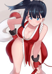 Rule 34 | 1girl, alternate breast size, breasts, cleavage, cosplay, fatal fury, folded fan, folding fan, gradient background, gridman universe, hand fan, hand on own hip, highres, large breasts, no bra, no panties, pelvic curtain, revealing clothes, shiranui mai, shiranui mai (cosplay), solo, ssss.gridman, takarada rikka, thighs