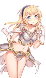 Rule 34 | 1girl, armor, bad id, bad pixiv id, blonde hair, blue eyes, blush, embarrassed, gloves, goyain, hairband, highres, league of legends, long hair, looking at viewer, lux (league of legends), midriff, navel, simple background, solo, white background, white gloves