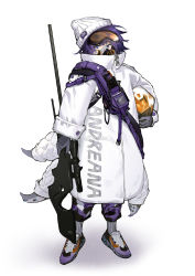 Rule 34 | 1girl, alternate costume, andreana (arknights), arknights, artist name, beanie, black gloves, blue eyes, character name, chinese commentary, clothes writing, coat, commentary request, full body, gas mask, gloves, goggles, goggles on head, gun, hat, highres, holding, holding gun, holding weapon, long sleeves, looking at viewer, mask, originite prime (arknights), purple footwear, purple hair, rifle, shoes, short hair, simple background, sneakers, sniper rifle, solo, standing, tentacles, wang ko, weapon, weibo watermark, white background, white coat, white hat