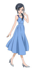 Rule 34 | 1girl, :d, absurdres, anime coloring, black hair, blue dress, blue eyes, breasts, cleavage, collarbone, damascus (dearigazu2001), dress, evening gown, full body, grey footwear, hair over shoulder, healin&#039; good precure, high heels, highres, jewelry, long dress, long hair, necklace, open mouth, parted bangs, ponytail, precure, pumps, sawaizumi chiyu, sideboob, simple background, sleeveless, sleeveless dress, small breasts, smile, solo, standing, white background
